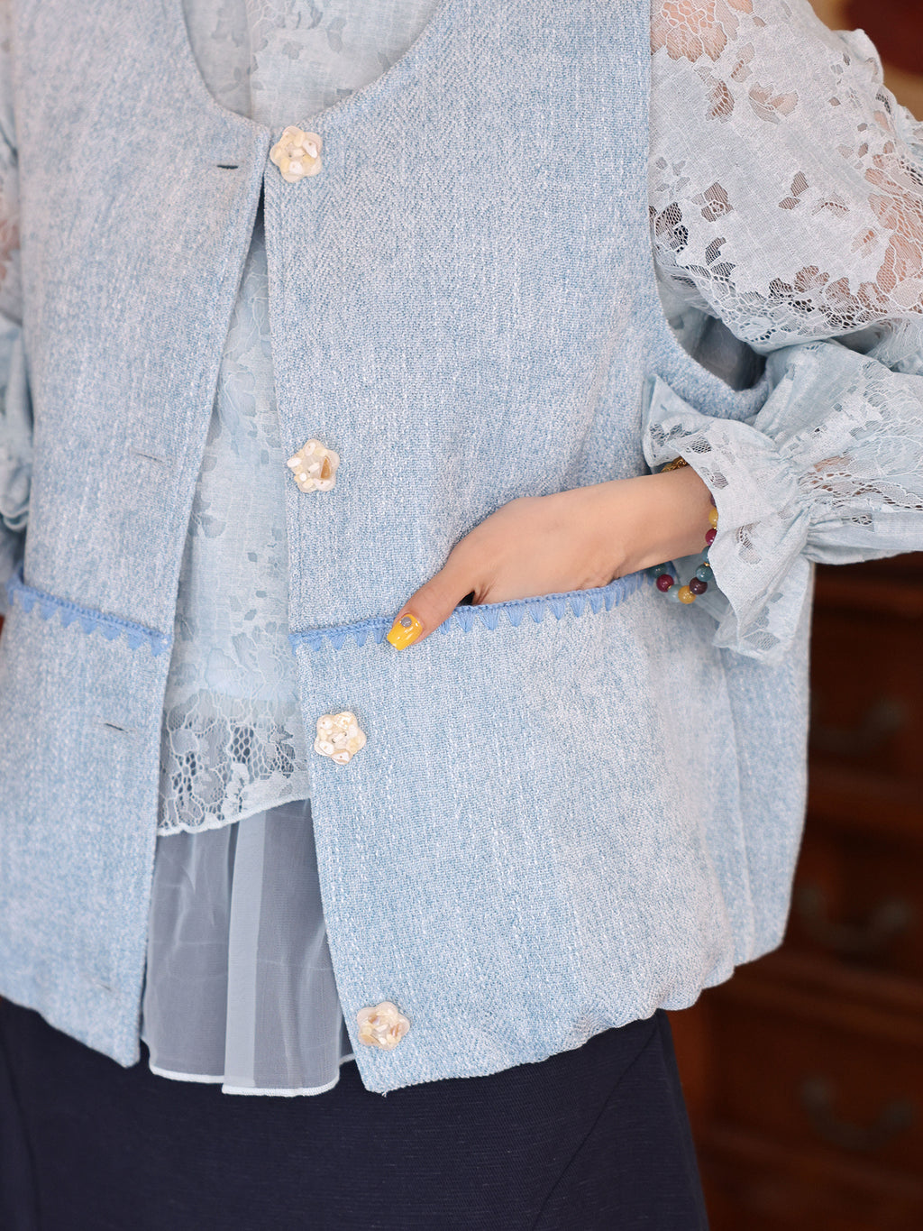 Chen Jiajie【Sea Gleam Dream-Weave】2026 Super-Pretty Light-Blue Vest, Women's Designer Versatile Layering Cardigan JF1103598