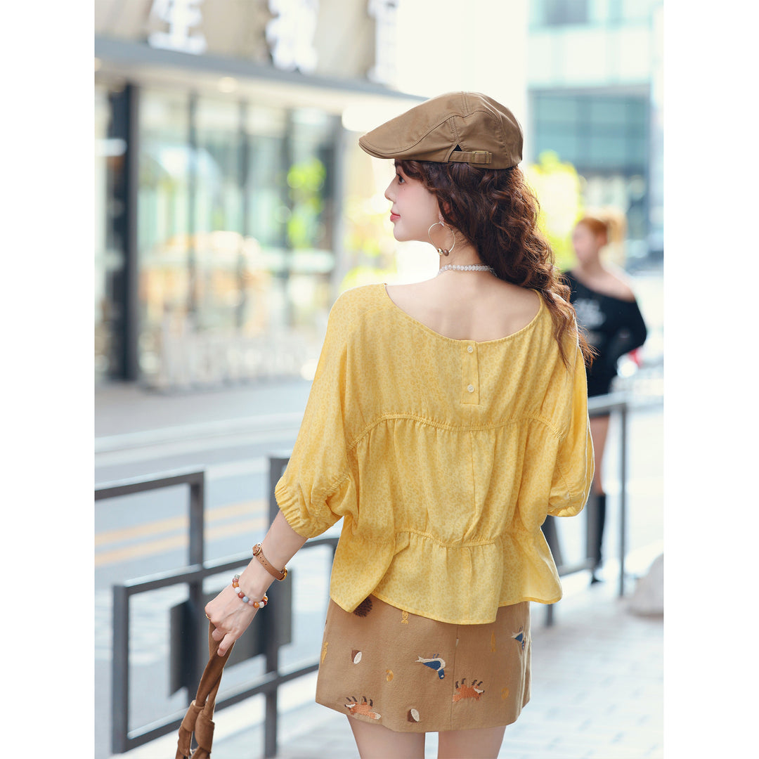 【Sunny Pleats Among Flowers】Yellow Loose-Fit Elbow-Length Sleeve Cropped Ruffled-Hem Youthful Casual Shirt, Women&