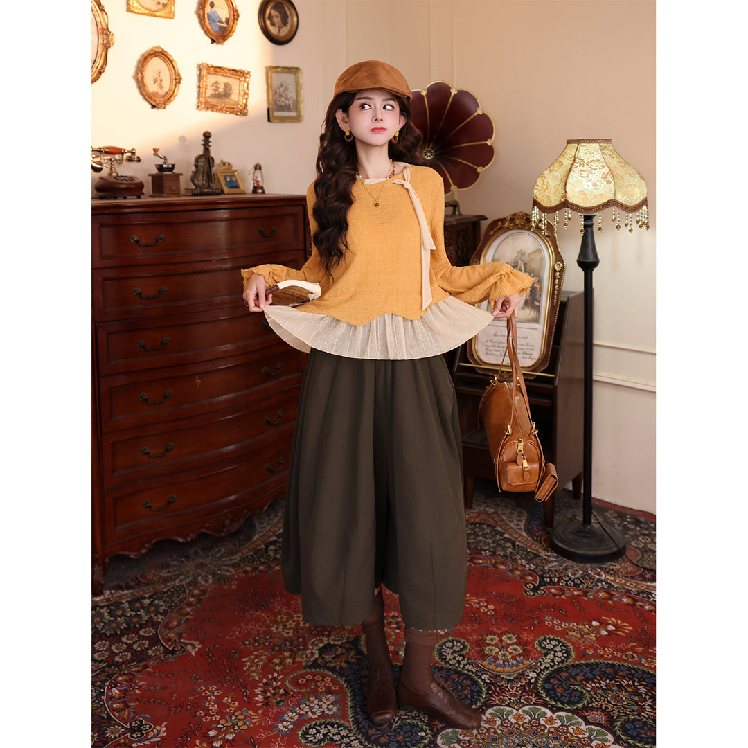 【Osmanthus Autumn Sun】Vintage Hong Kong Style Ribbon Spliced Women Top, 2026 Autumn Casual Long Sleeve T-Shirt J26Q07925