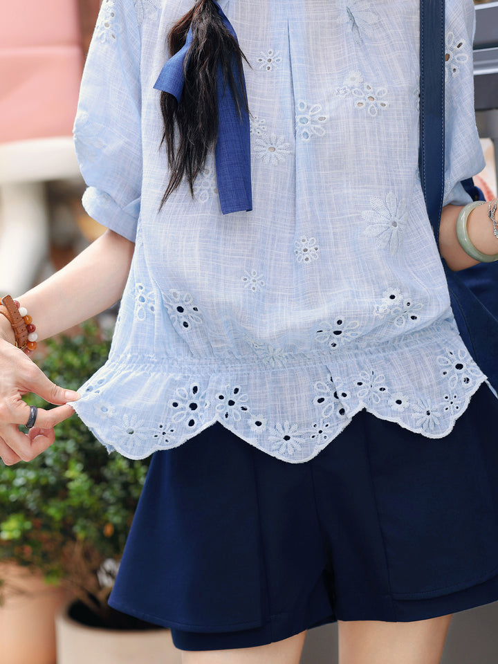 【Floral Morning Light】Korean-Style Sweet Light-Blue Round-Neck Short-Sleeve Shirt, Women&