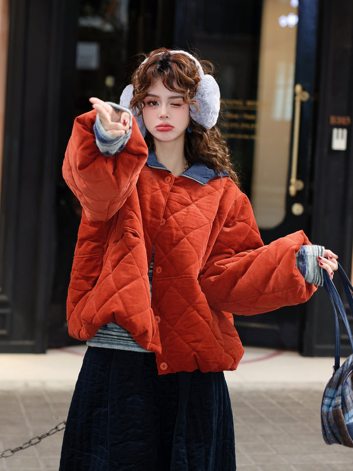 【Rice Waves Turning Gold】Round-Neck Padded Coat, Women&
