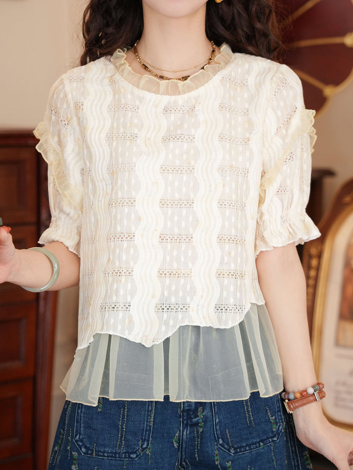 【Dew on Rice Awns】Gentle-Style Fake Two-Piece Shirt, Women&