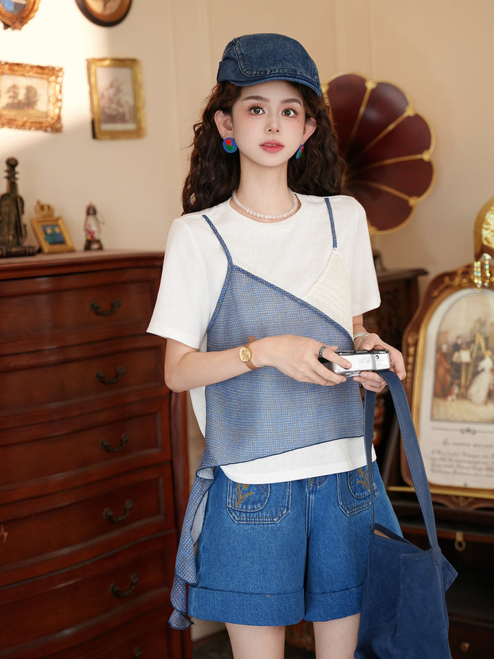 【Salt-Fresh Boy】Blue-White Patchwork Fake Two-Piece Short-Sleeve T-Shirt, Women&