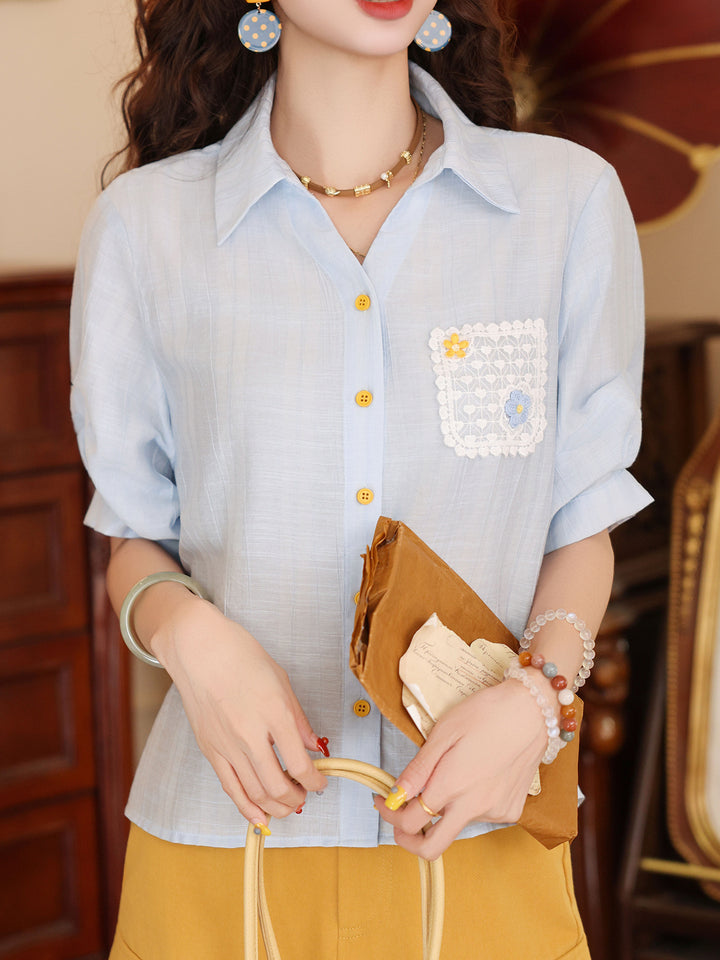【Sea Foam First Kiss】Blue Short-Sleeve Shirt, Women&