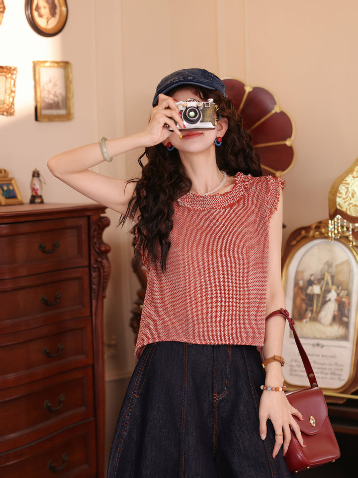 【Amber Glow】Chanel-Style Sleeveless Knit Round-Neck Vest, Women&