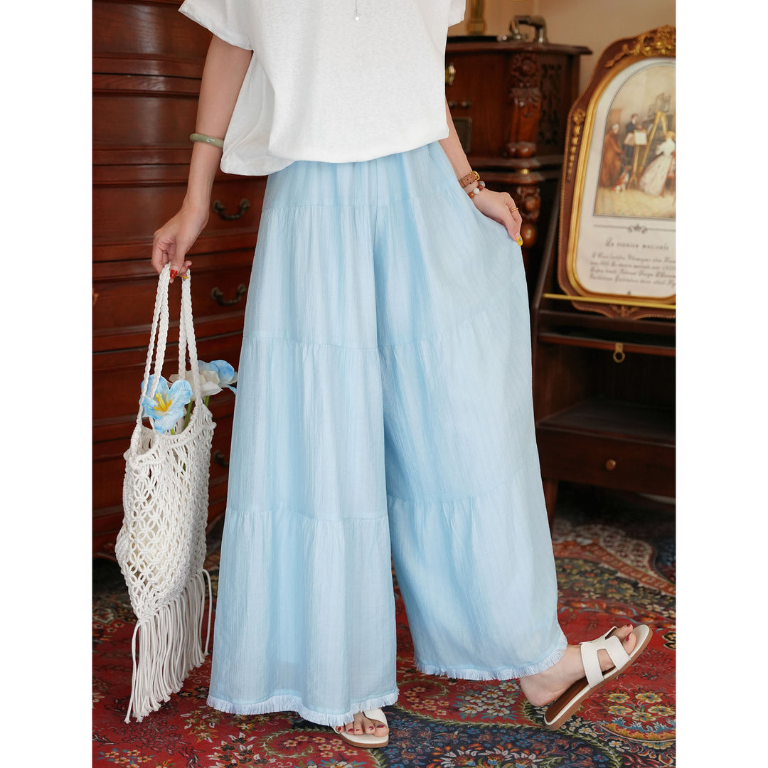 【Retro Wave Ripple】Blue Wide-Leg Pants, Women&