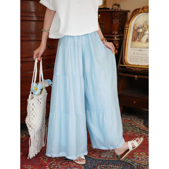 【Retro Wave Ripple】Blue Wide-Leg Pants, Women&