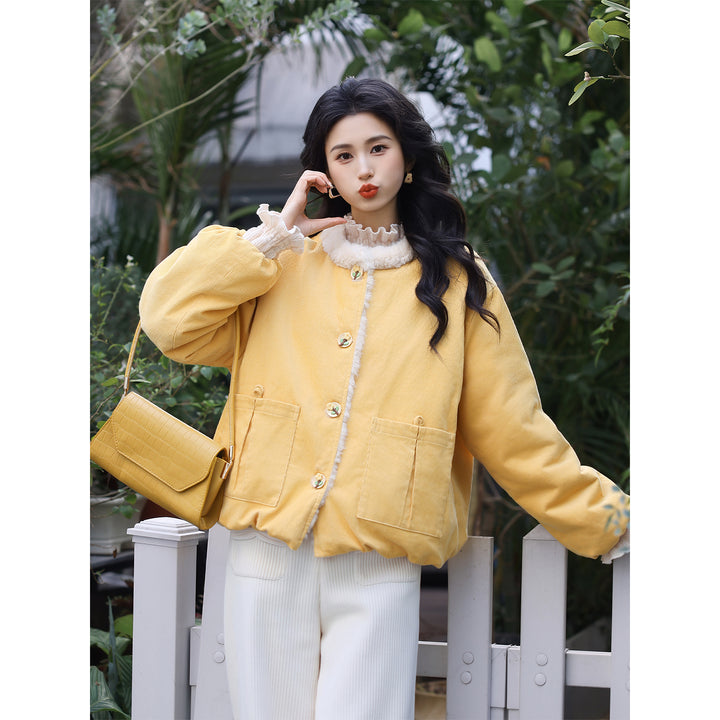 【Creamy Yellow Pudding】Vintage Hong Kong Style Autumn Winter Casual Furry Reversible Thick Coat YF1103608