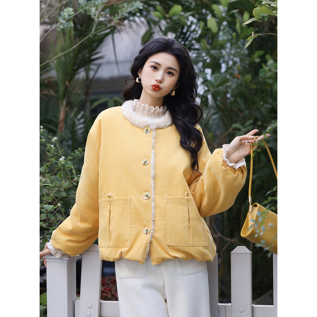 【Creamy Yellow Pudding】Vintage Hong Kong Style Autumn Winter Casual Furry Reversible Thick Coat YF1103608
