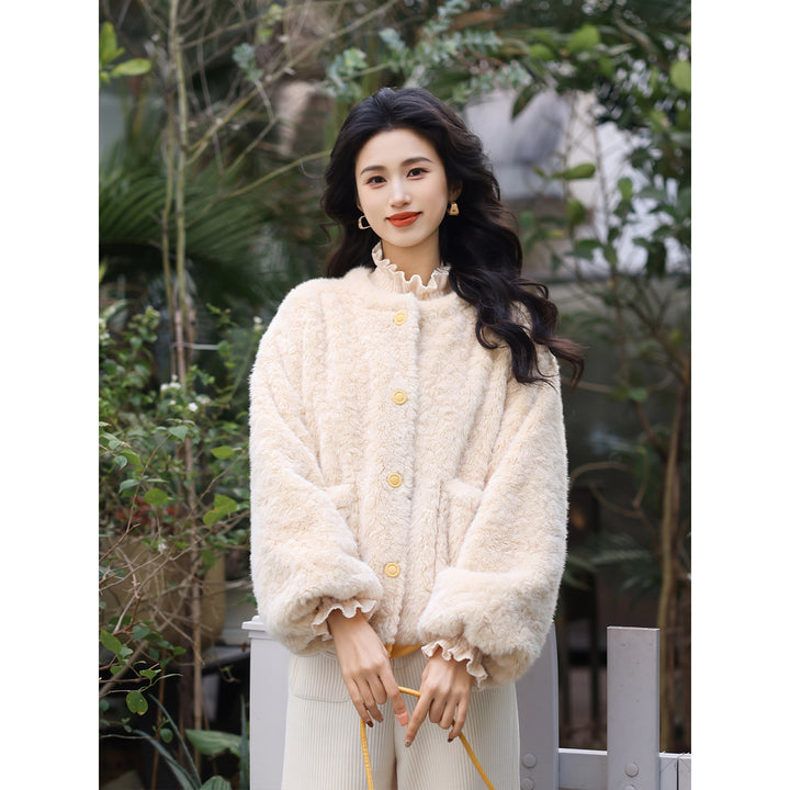 【Creamy Yellow Pudding】Vintage Hong Kong Style Autumn Winter Casual Furry Reversible Thick Coat YF1103608