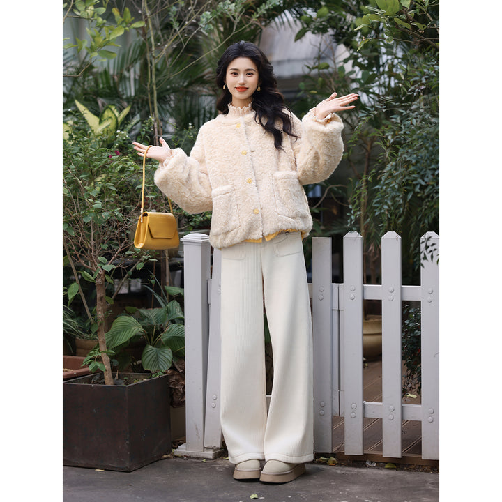 【Creamy Yellow Pudding】Vintage Hong Kong Style Autumn Winter Casual Furry Reversible Thick Coat YF1103608