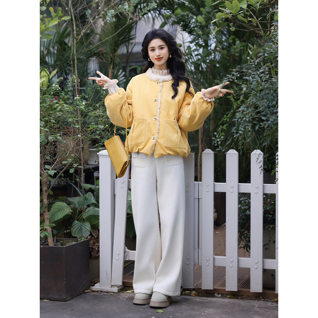 【Creamy Yellow Pudding】Vintage Hong Kong Style Autumn Winter Casual Furry Reversible Thick Coat YF1103608