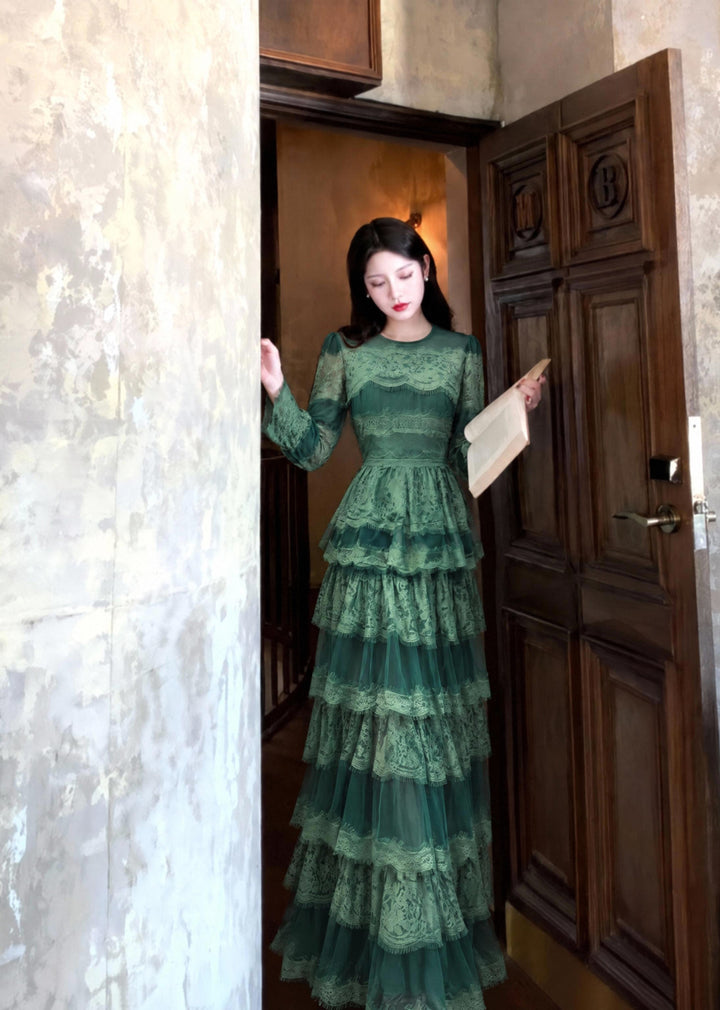 【Alley Robe】Retro Waist Lace Flared Long Dress S025