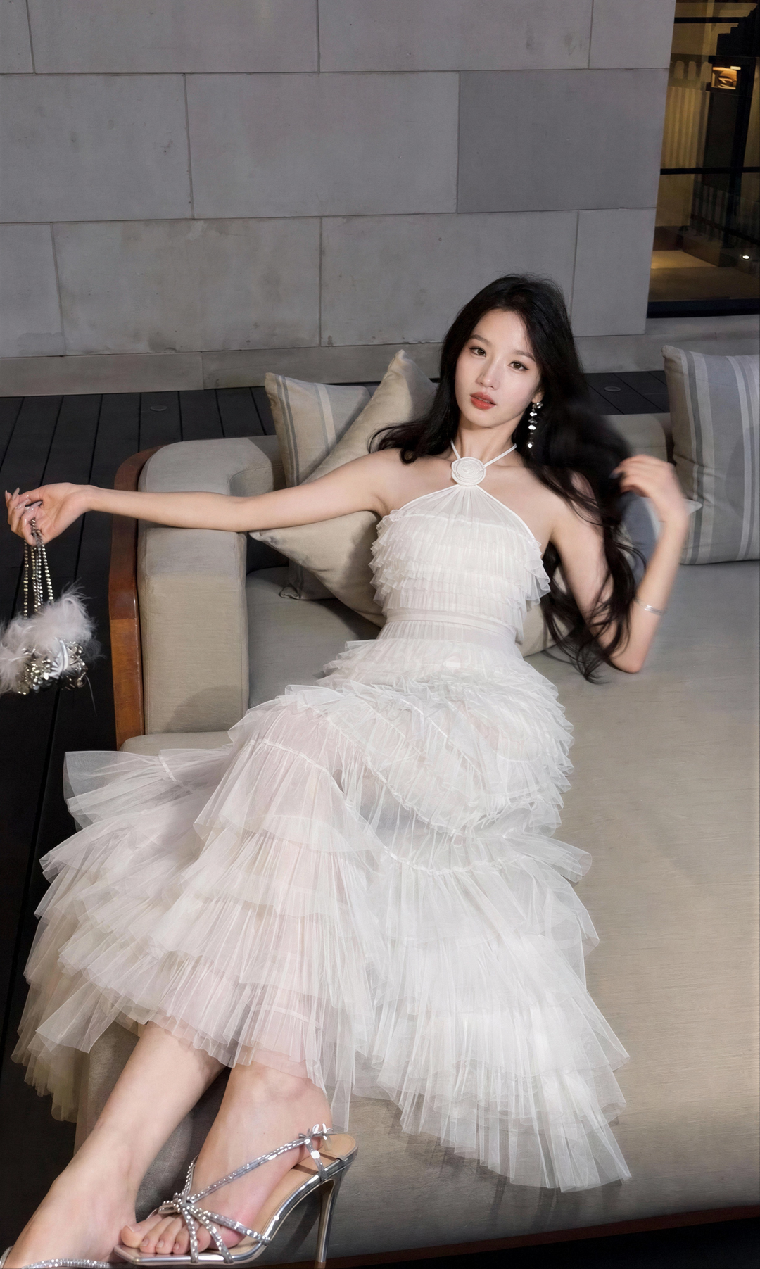 【Cloud Wander Notes】Women Halter Flower Decor Mesh Tiered Maxi Dress S011