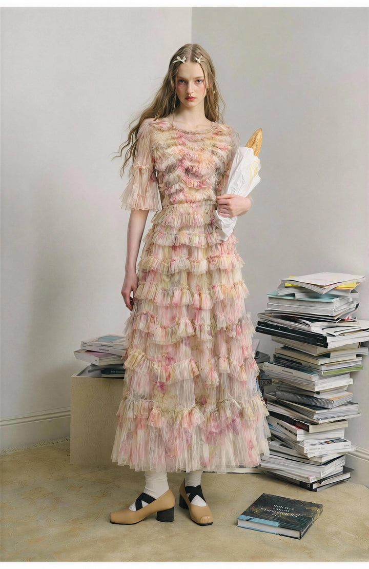 【Flowing Frill】Waist Ruffle Floral Flared Long Dress S028