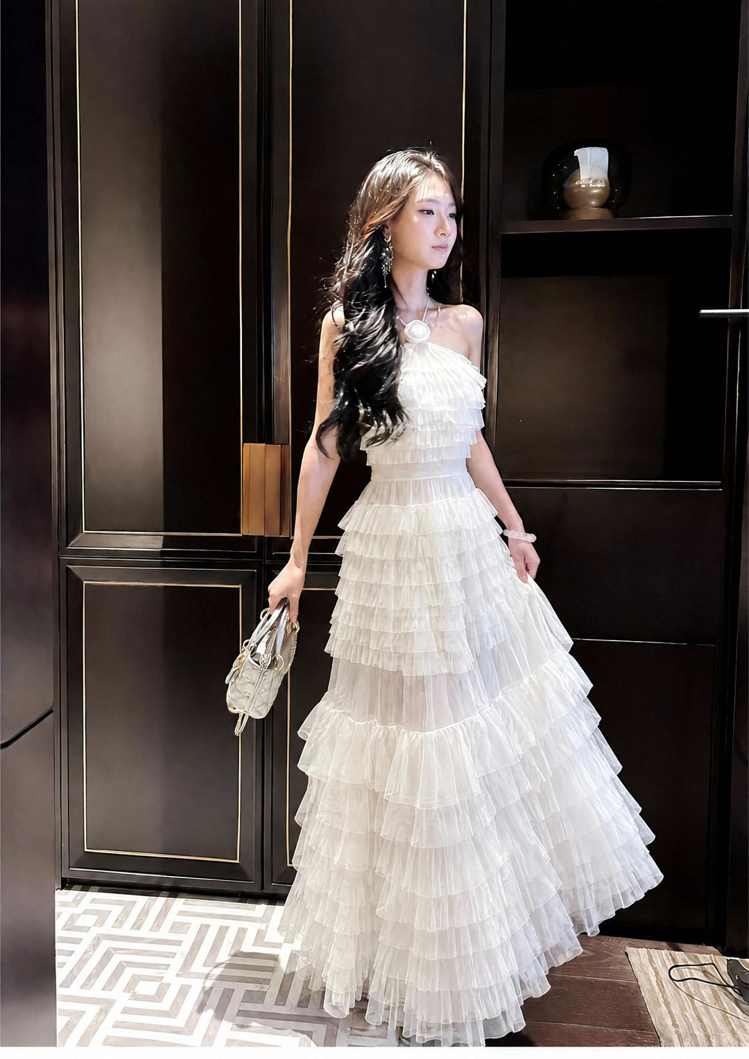 【Cloud Wander Notes】Women Halter Flower Decor Mesh Tiered Maxi Dress S011