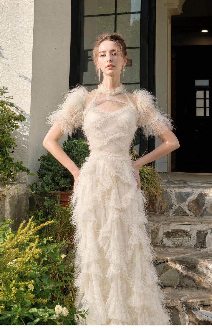 【Fluff Trim】Feather Edge Waist Tulle Dress S021