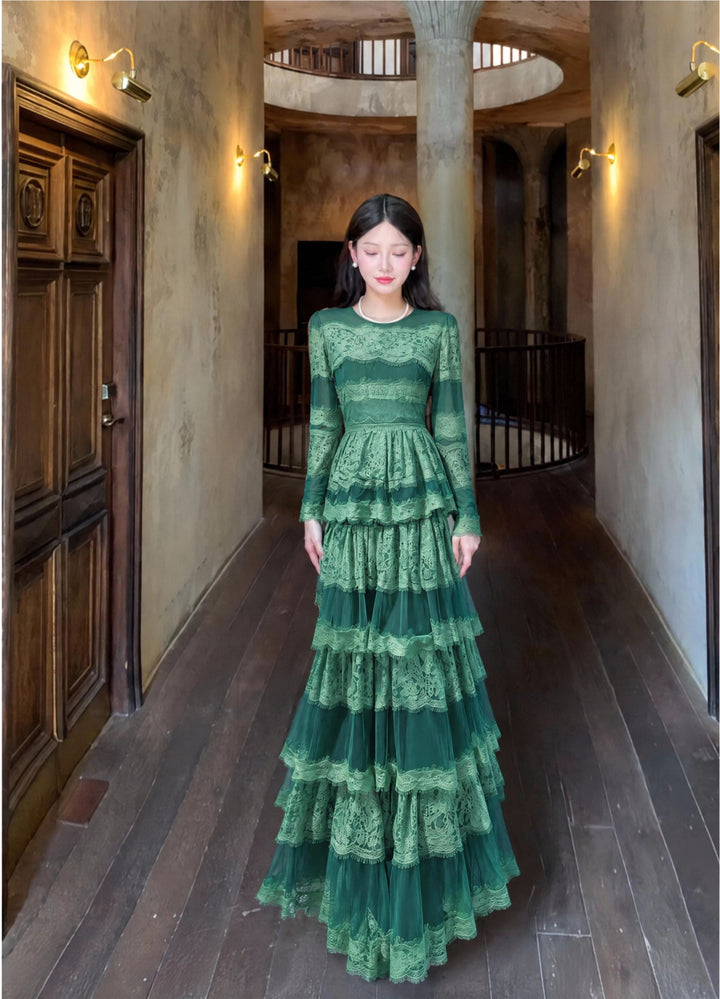 【Alley Robe】Retro Waist Lace Flared Long Dress S025