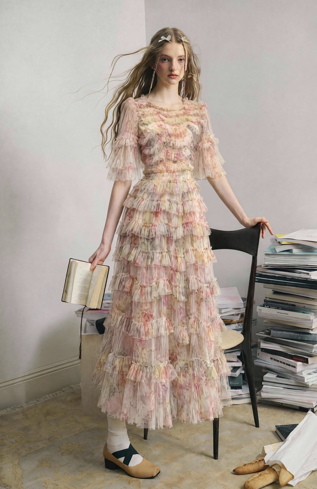 【Flowing Frill】Waist Ruffle Floral Flared Long Dress S028