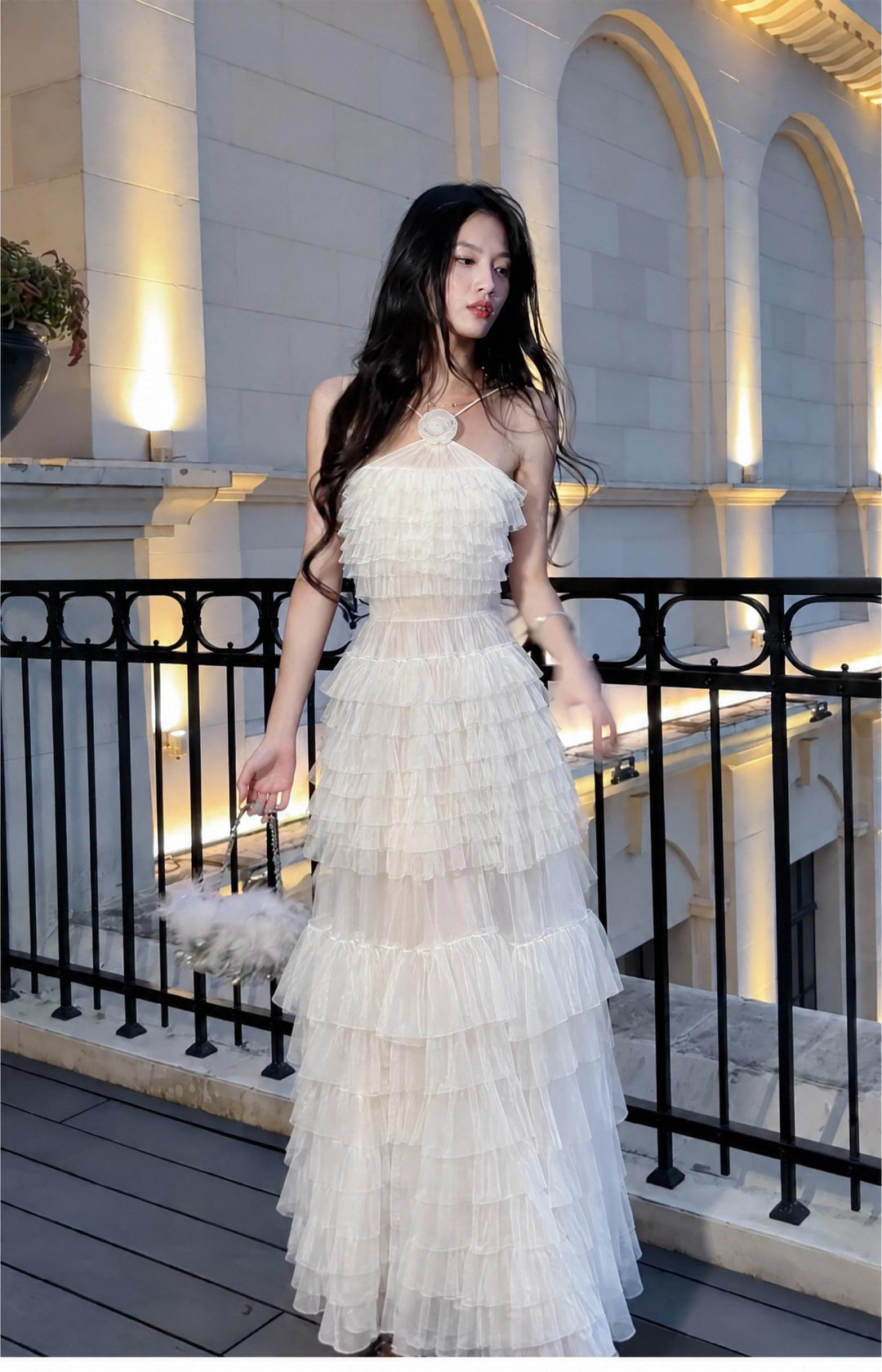 【Cloud Wander Notes】Women Halter Flower Decor Mesh Tiered Maxi Dress S011