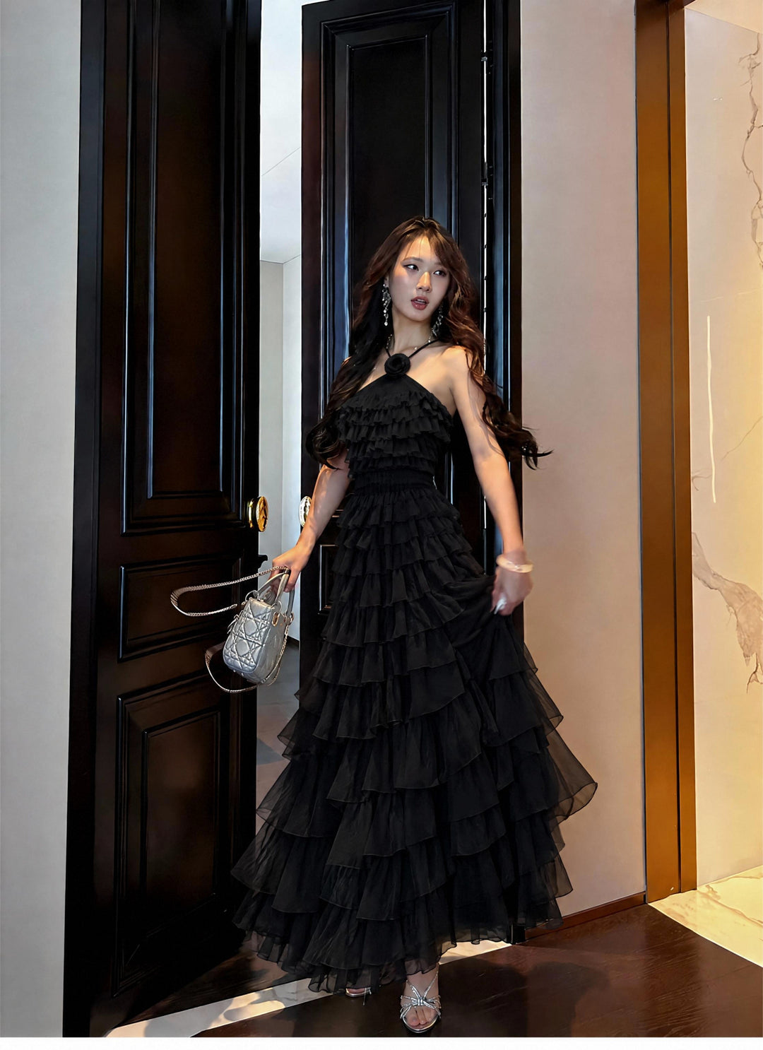 【Cloud Wander Notes】Women Halter Flower Decor Mesh Tiered Maxi Dress S011