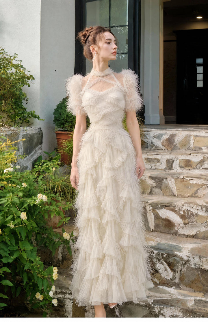 【Fluff Trim】Feather Edge Waist Tulle Dress S021