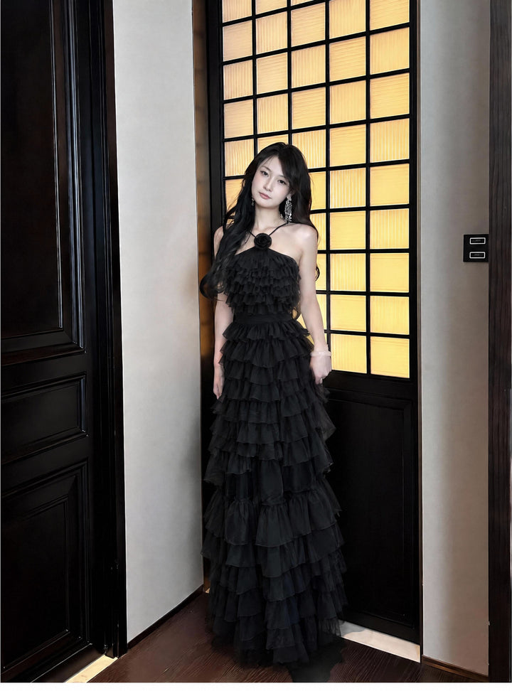【Cloud Wander Notes】Women Halter Flower Decor Mesh Tiered Maxi Dress S011