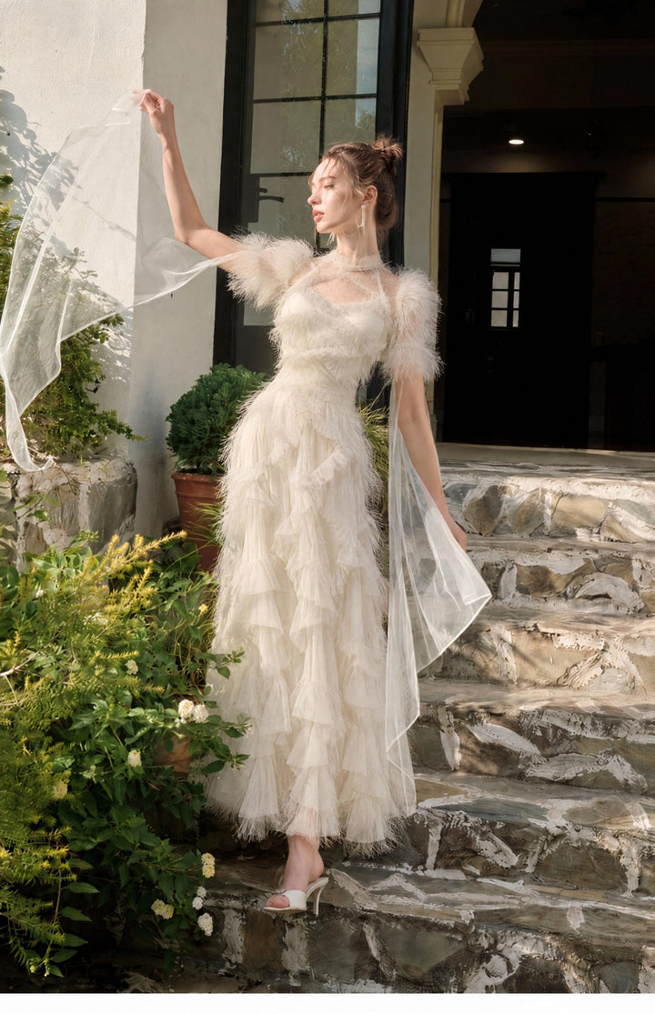 【Fluff Trim】Feather Edge Waist Tulle Dress S021