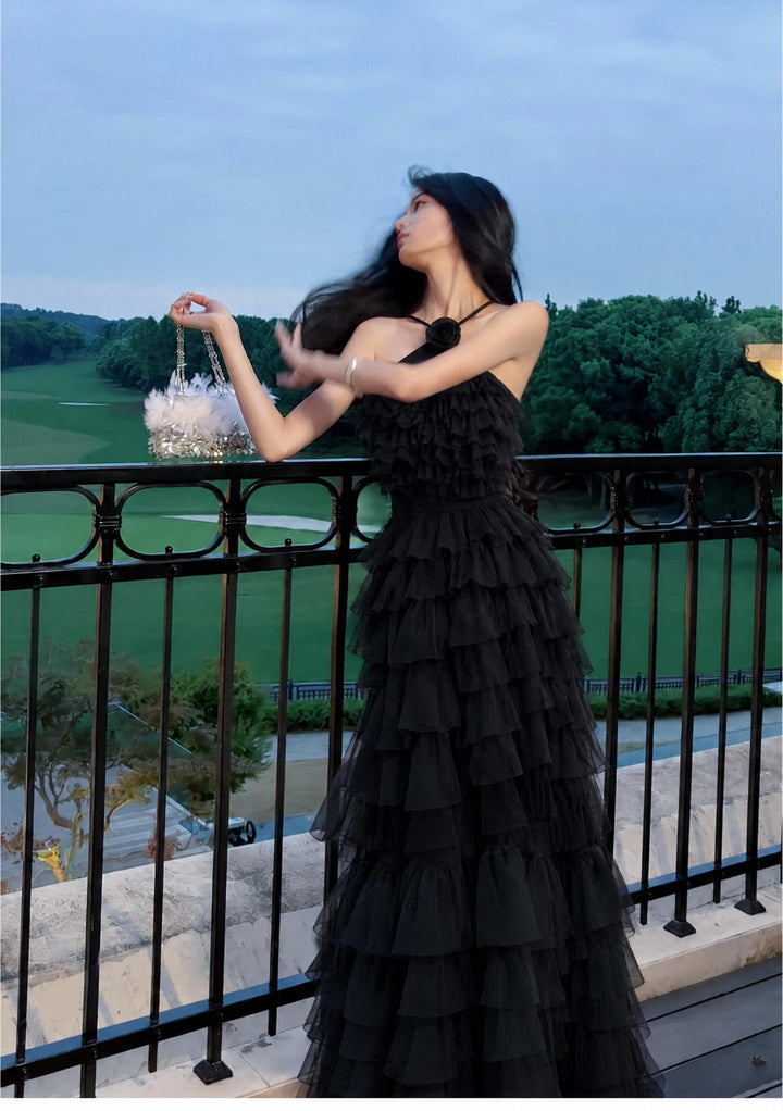 【Cloud Wander Notes】Women Halter Flower Decor Mesh Tiered Maxi Dress S011