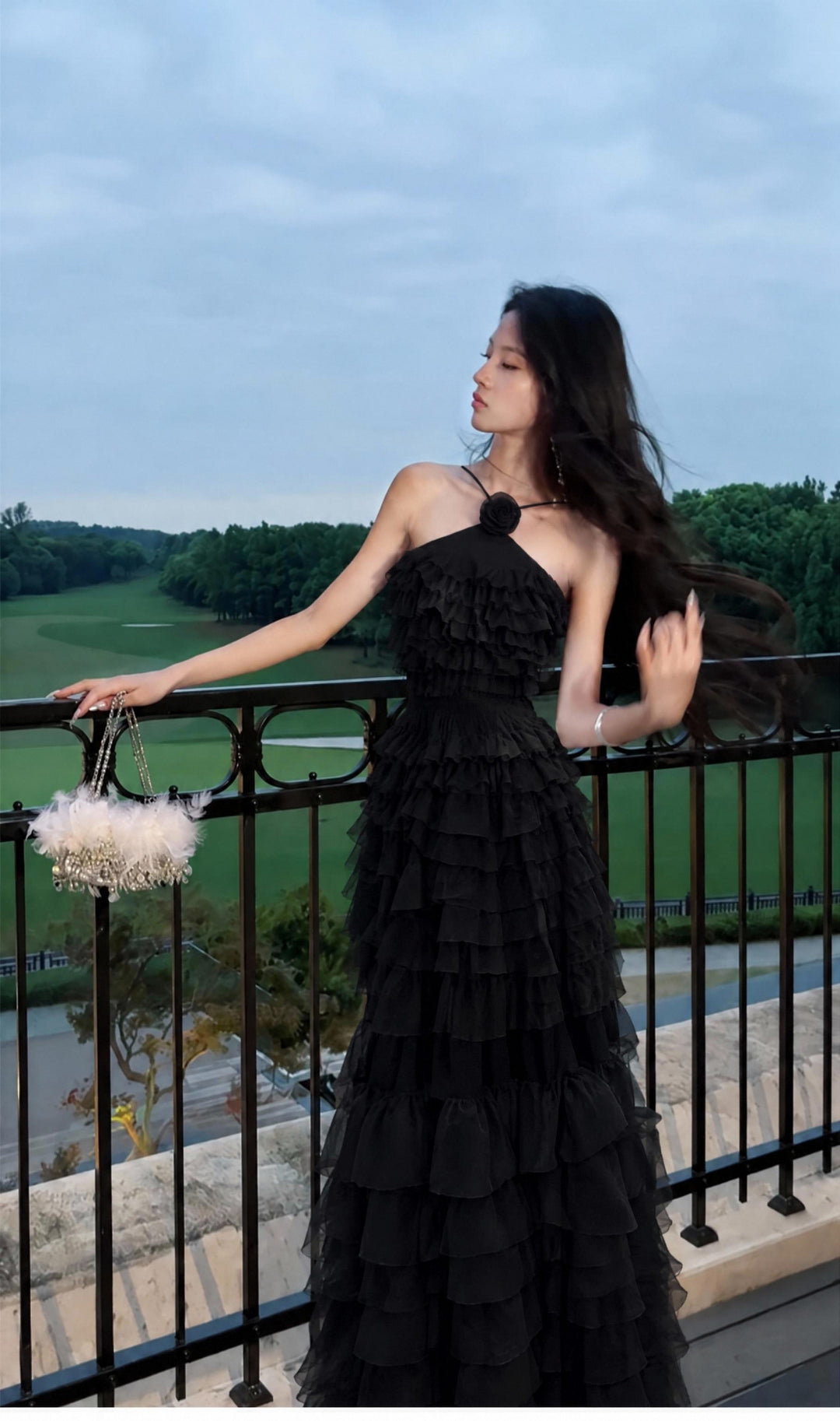 【Cloud Wander Notes】Women Halter Flower Decor Mesh Tiered Maxi Dress S011