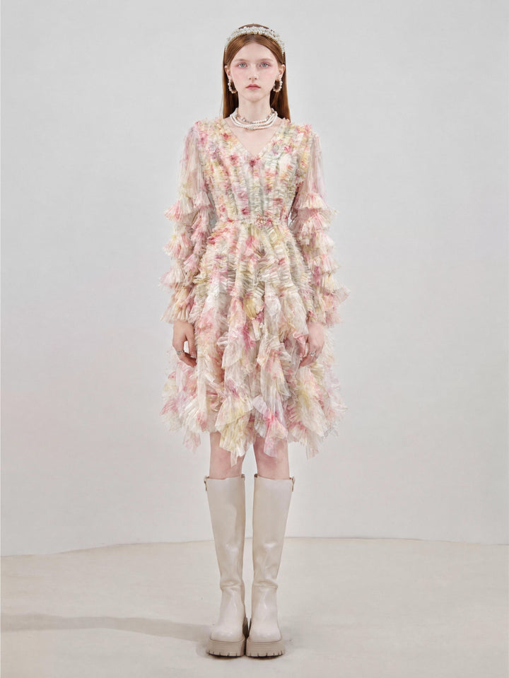 【Bloom Note】Long Sleeve Mesh Tiered Mini Gown S023