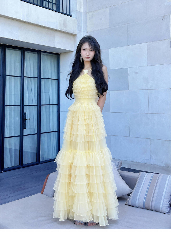 【Cloud Wander Notes】Women Halter Flower Decor Mesh Tiered Maxi Dress S011