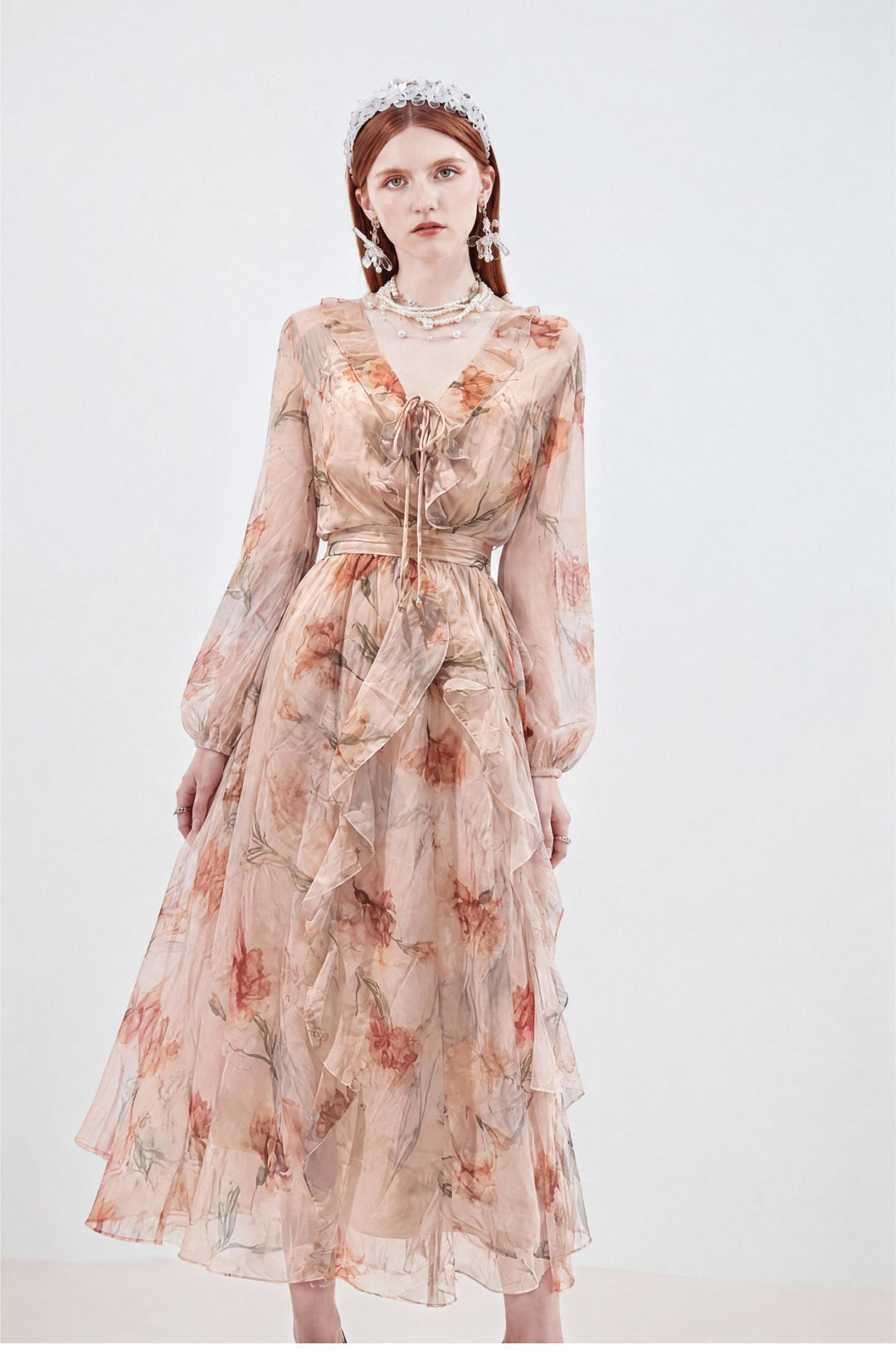 【Floral Whisper】V-Neck Ruffled Ink Print Chiffon Dress, Women Puff Sleeve Waisted Flowy Maxi Dress S016