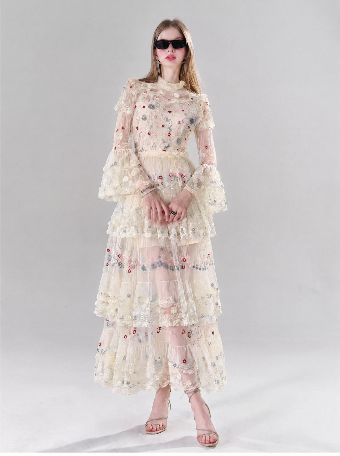 【Spring Letter】Women Floral Embroidery Mesh Long Dress, Flare Sleeve Tiered Party Gown S014