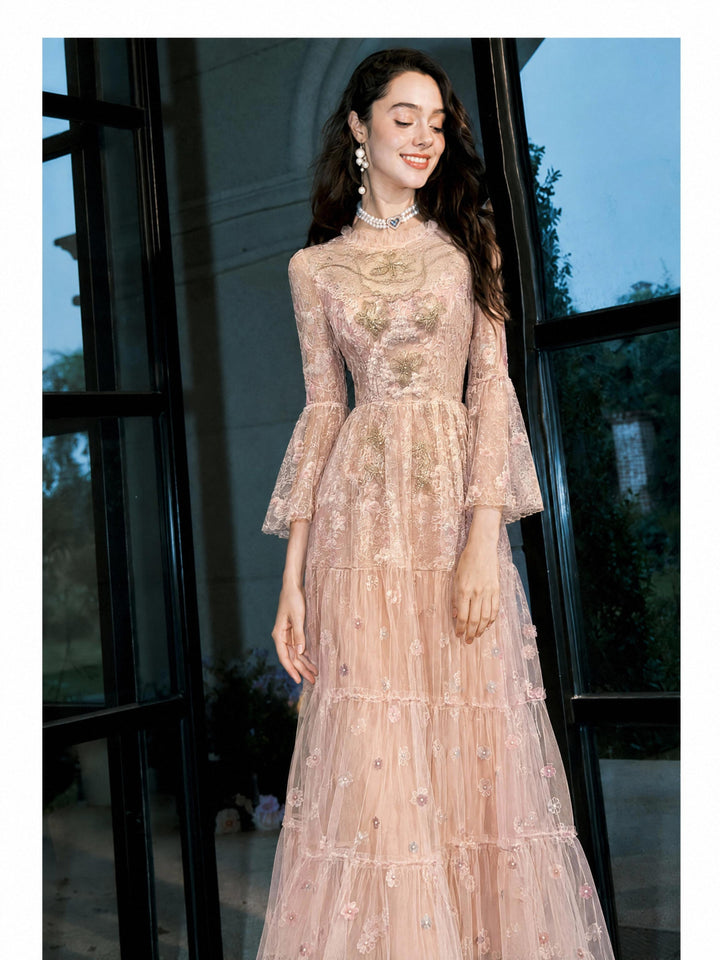 【Gold Weave】Heavy Embroidery Waist Mesh Flared Long Dress