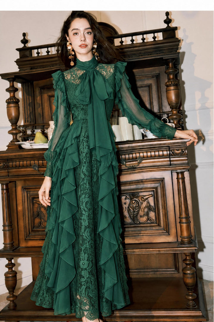 【Manor Lace】High Neck Tie Bow Lace Maxi Dress S030