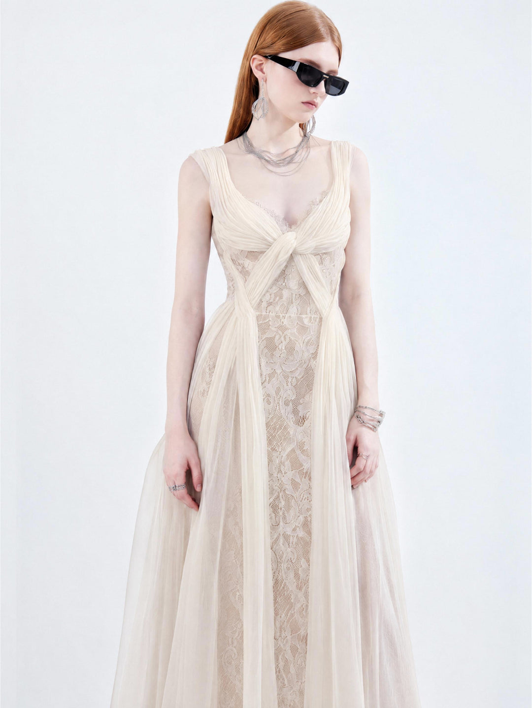 【Vibe Collection】Deep V Twist Lace Panel Tulle Dress Women High Waist Slim Long Dress S017