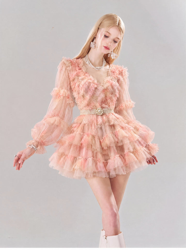 【Peach Mist Dream】Gradient Tulle Ruffled Dress, Women Puff Sleeve Tiered Mini &amp; Maxi Dress S015