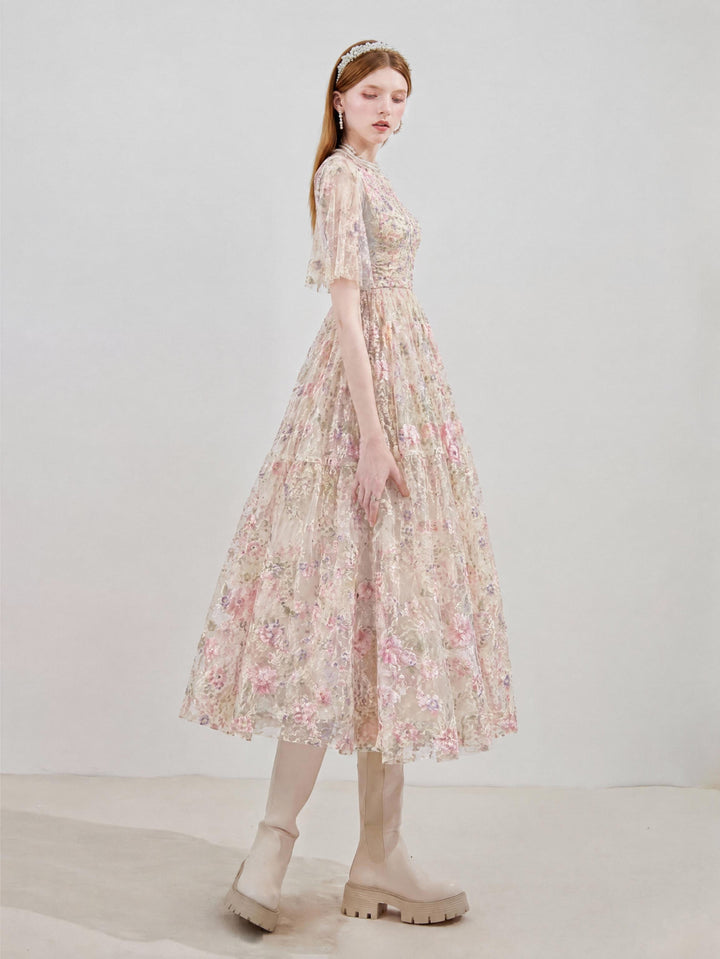 【Meadow Glow】Round Neck Floral Lace Waist Flared Maxi Dress S024