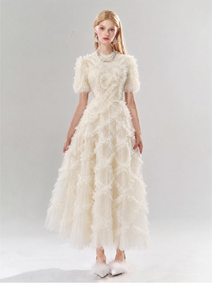 【Starry Tulle Kollektion】Damen Tüllkleid mit Fransen, Stehkragen, Puffärmeln und tailliertem Maxikleid S005