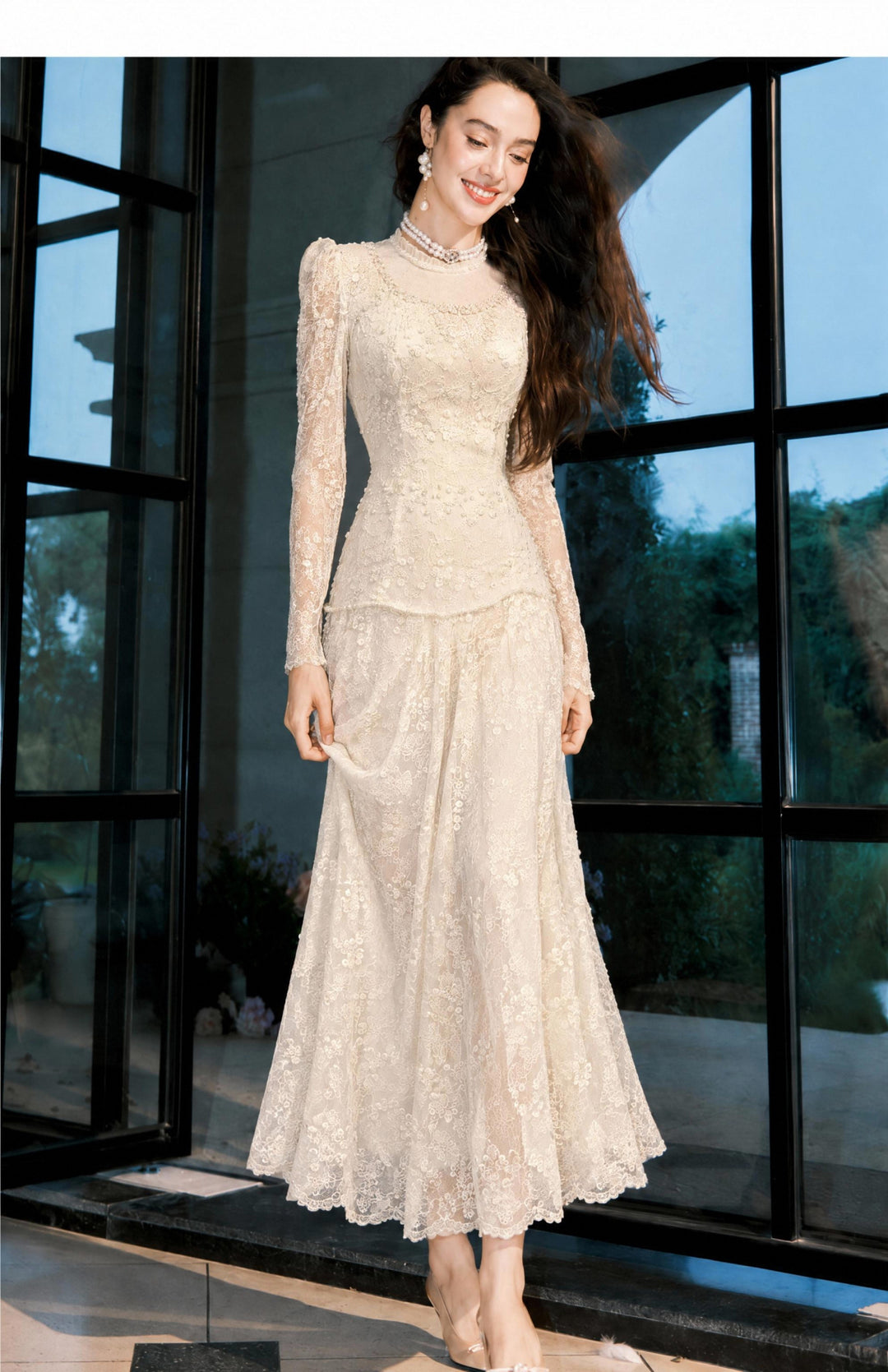 【Pure Lace Dream】High Neck Lace Waist Maxi Dress S022