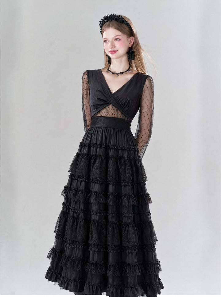 【Starry Banquet】Twist Waist Multi-layer Ruffle Long Dress Women Retro Vibe Evening Gown S018
