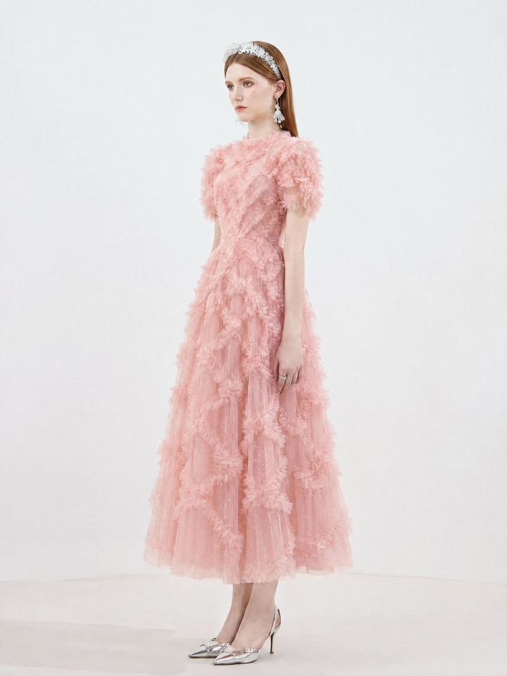 【Starry Tulle Kollektion】Damen Tüllkleid mit Fransen, Stehkragen, Puffärmeln und tailliertem Maxikleid S005