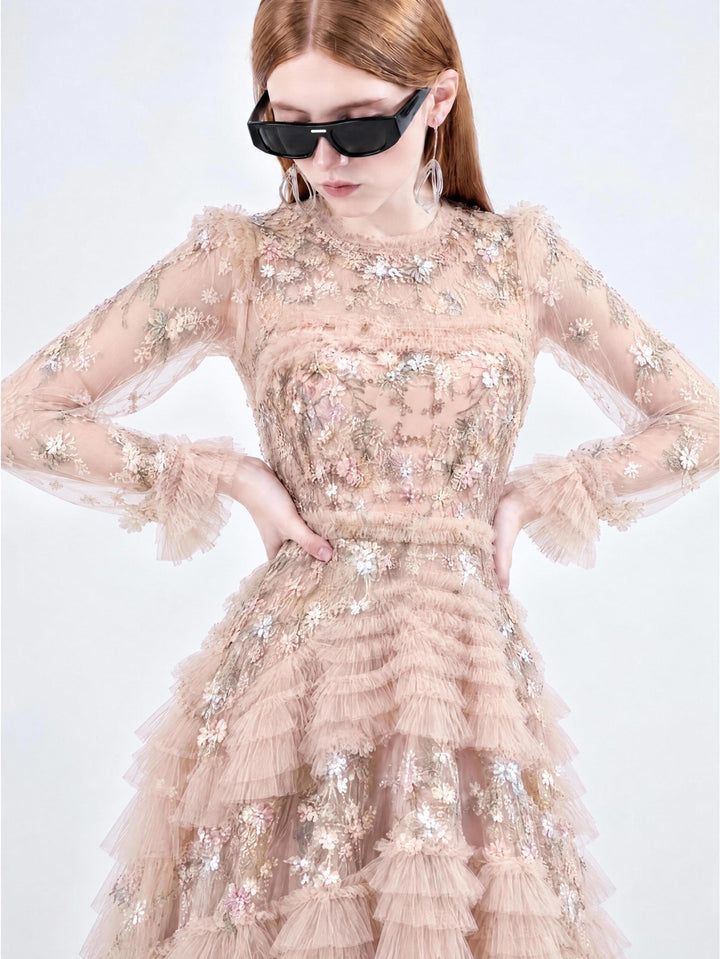 【Apricot Star Fluff】Damen-Maxikleid mit langen Ärmeln, Paillettenstickerei, Tüll, Rundhalsausschnitt und gestuften Rüschen S009