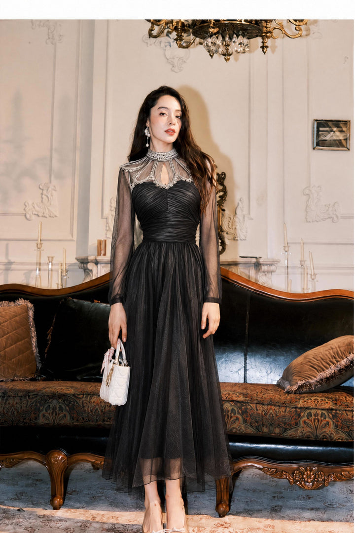 【Night Glow】Women Luxury Lace Patch Long Sleeve Ruched Tulle Maxi Dress S013