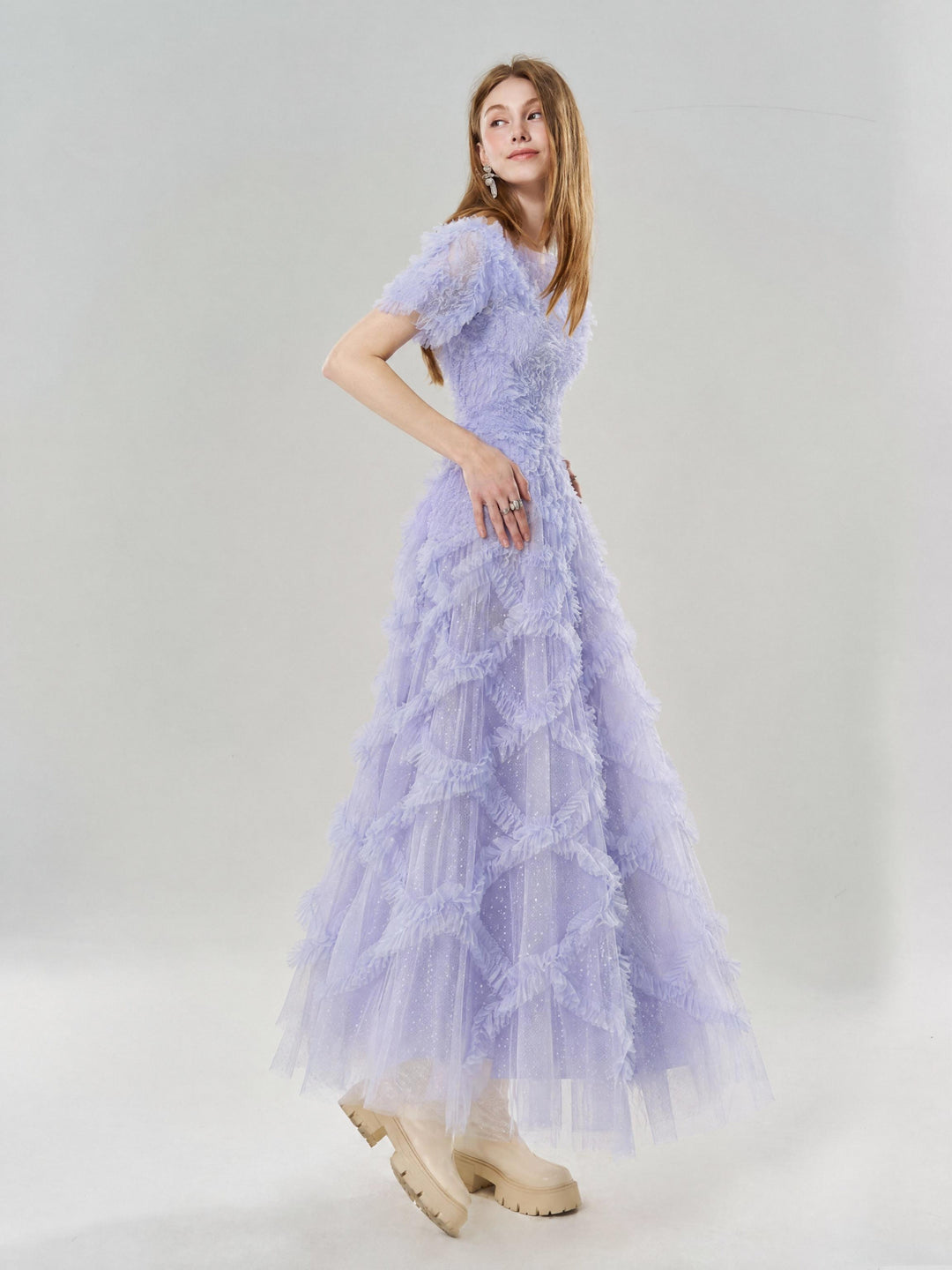 【Starry Tulle Kollektion】Damen Tüllkleid mit Fransen, Stehkragen, Puffärmeln und tailliertem Maxikleid S005