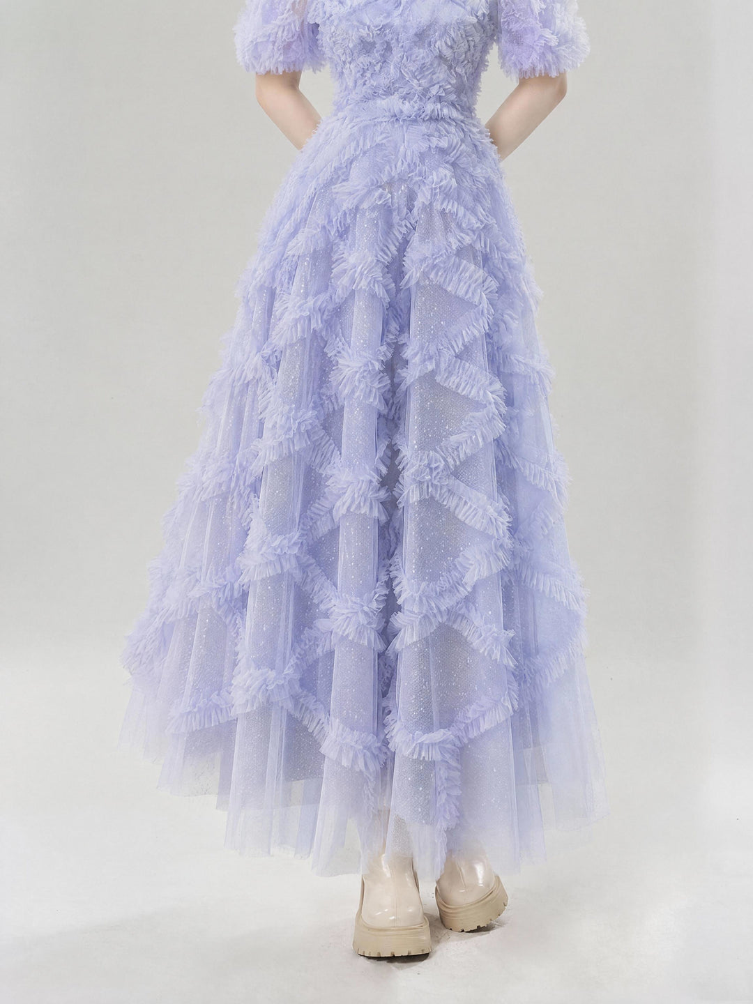 【Starry Tulle Kollektion】Damen Tüllkleid mit Fransen, Stehkragen, Puffärmeln und tailliertem Maxikleid S005