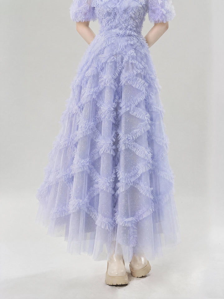 【Starry Tulle Kollektion】Damen Tüllkleid mit Fransen, Stehkragen, Puffärmeln und tailliertem Maxikleid S005