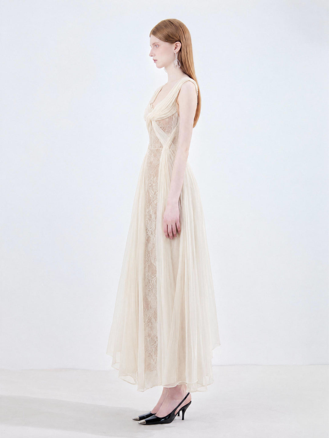 【Vibe Collection】Deep V Twist Lace Panel Tulle Dress Women High Waist Slim Long Dress S017