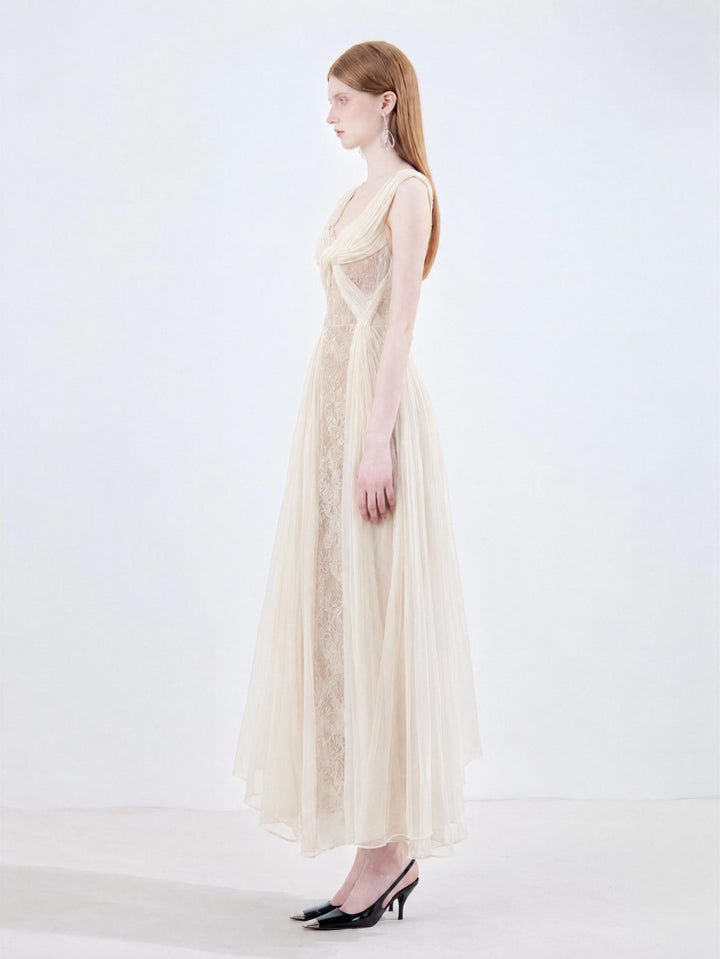【Vibe Collection】Deep V Twist Lace Panel Tulle Dress Women High Waist Slim Long Dress S017
